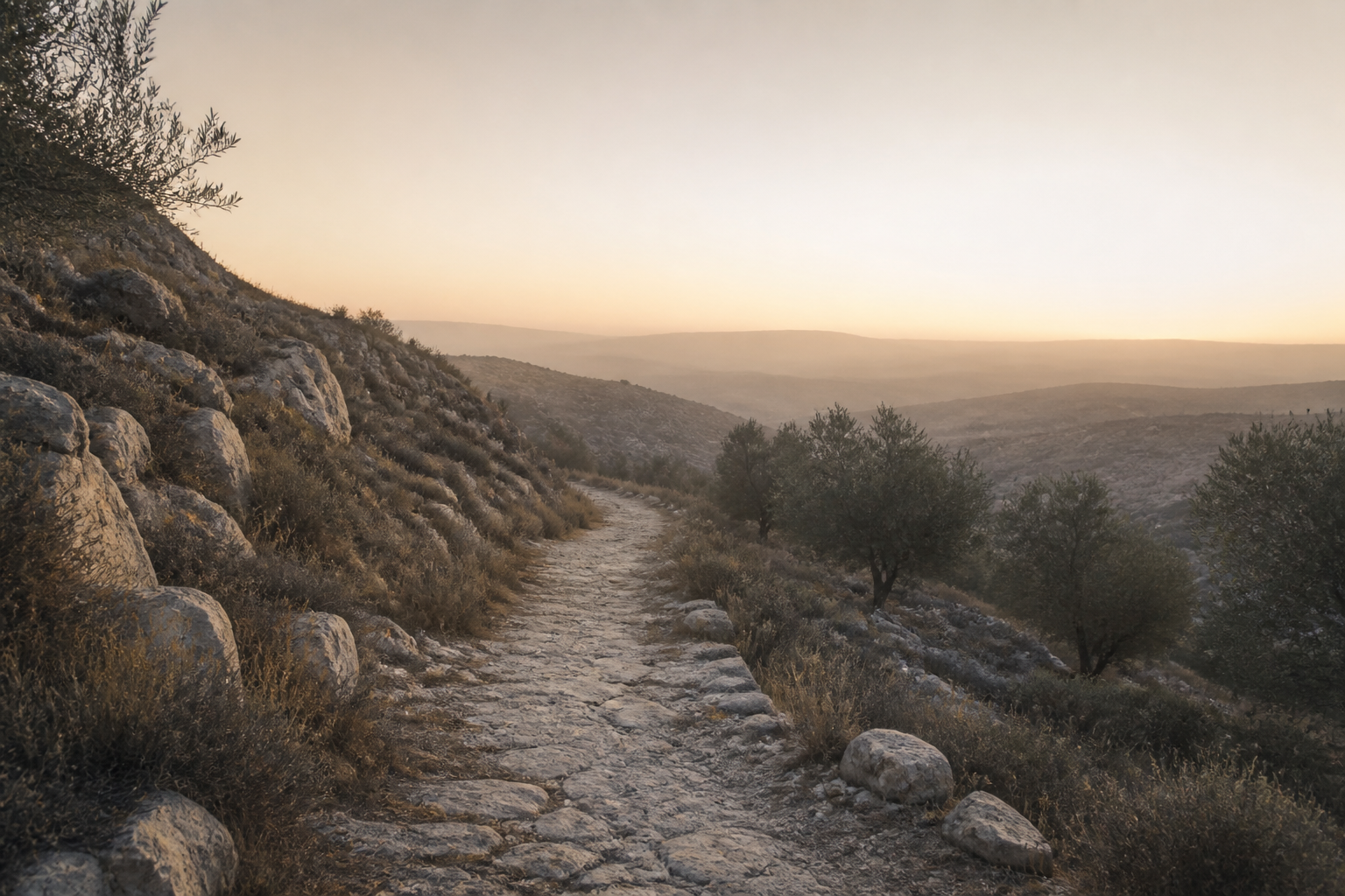 An ancient stone path winding through hills toward the morning light